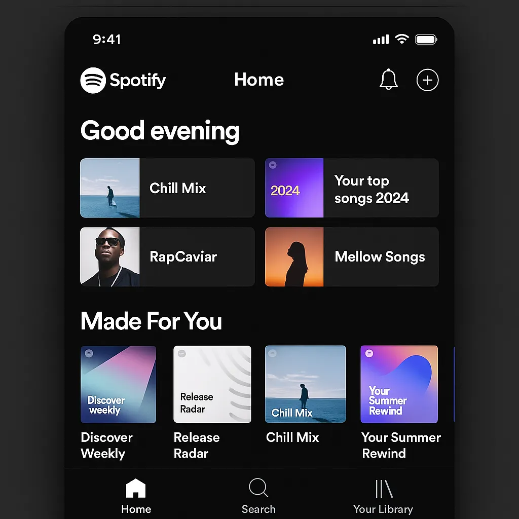 Spotify app home screen with personalized playlists in 2025