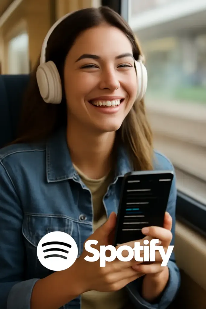 Happy user traveling with headphones and phone in hand, Spotify screen showing Downloads.