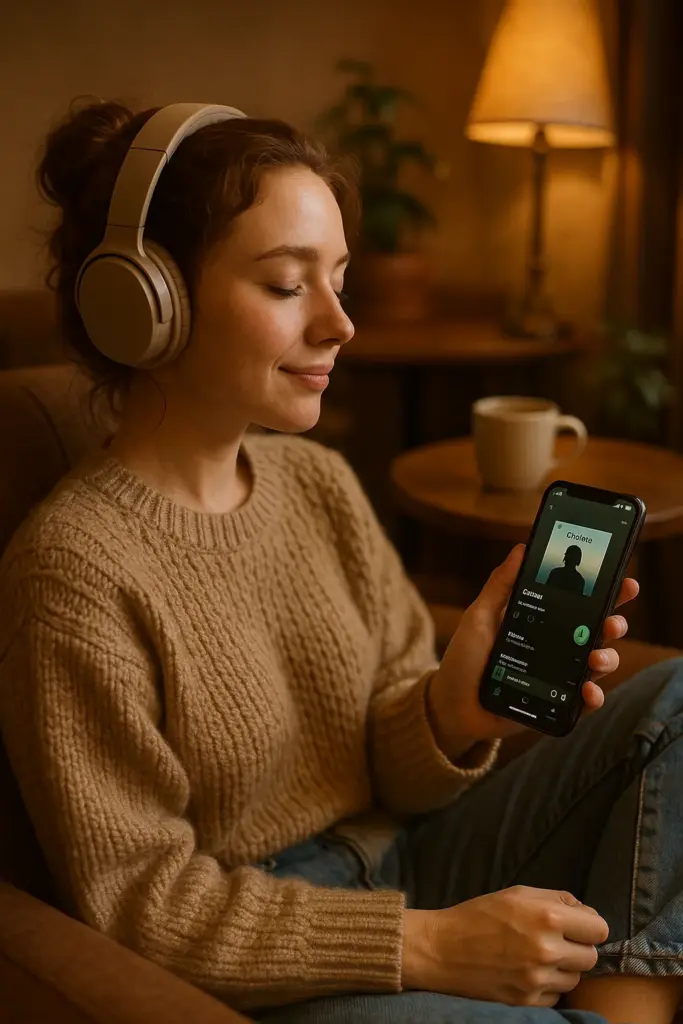 Person relaxing with Spotify music on phone