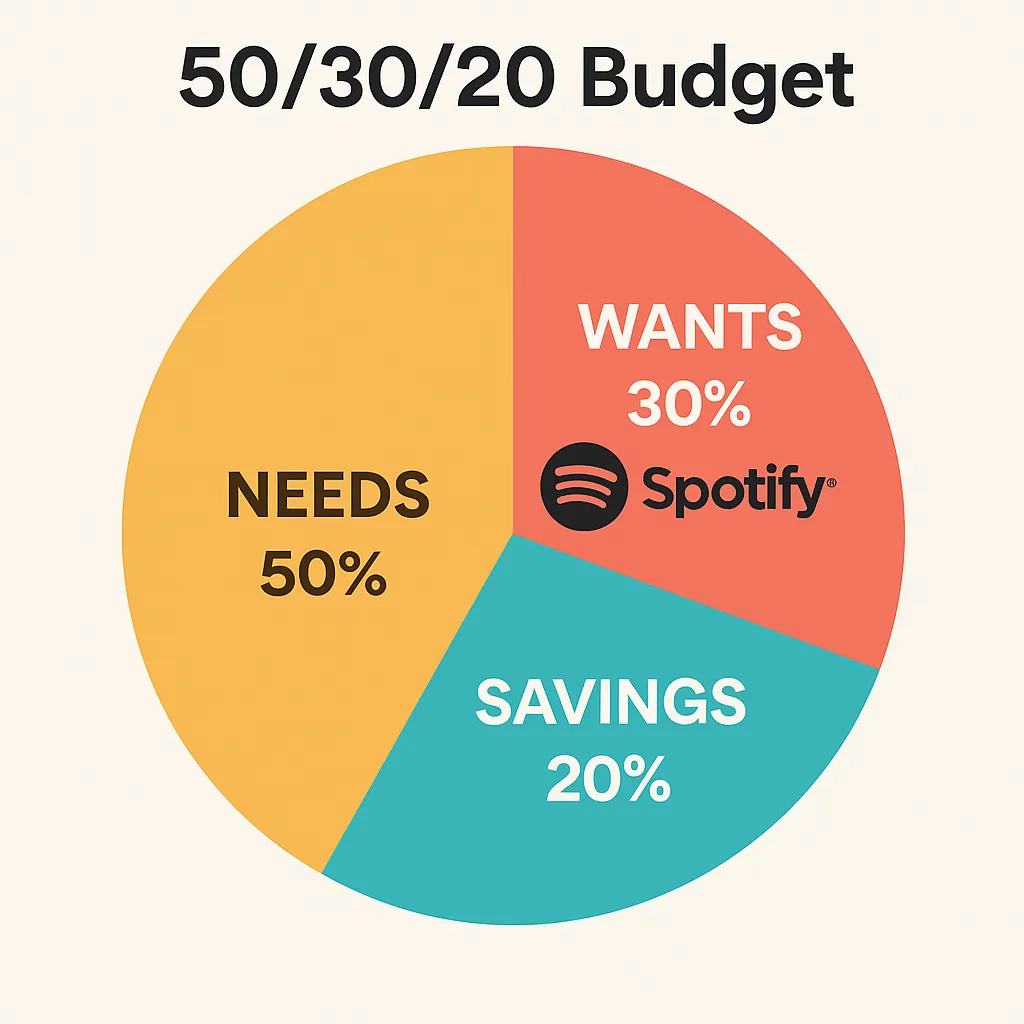 50/30/20 budget pie chart with Spotify
