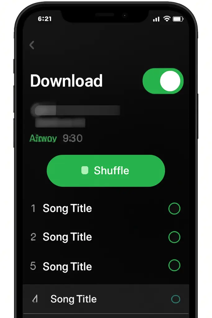 Show a phone screen with the green download toggle active in spotify premium apk mobile device